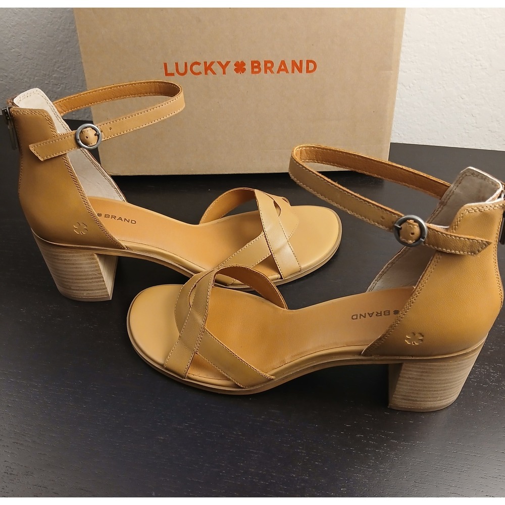 Lucky Brand Sarwa Block Heel Sandals Latte Tan Leather Size 12M LK-SARWA
